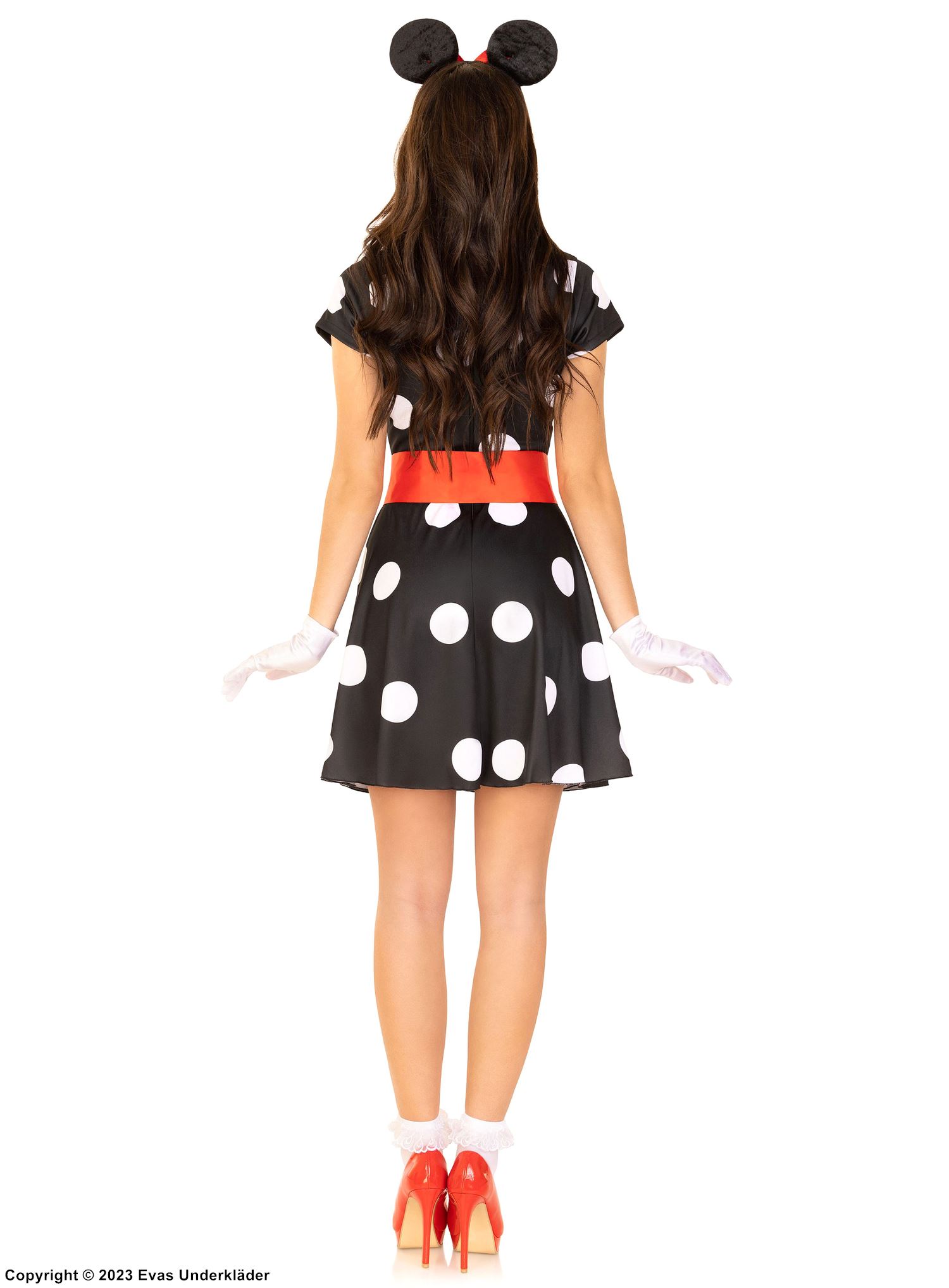 Mus (kvinne), kostyme-kjole, stort bånd, korte ermer, polka dot-prikker
